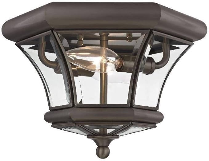 Livex Lighting 7052-07 Monterey 2 Light Outdoor/Indoor Bronze Finish Solid Brass Flush Mount with Clear Beveled Glass