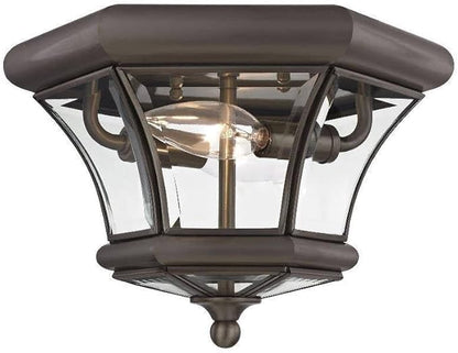 Livex Lighting 7052-07 Monterey 2 Light Outdoor/Indoor Bronze Finish Solid Brass Flush Mount with Clear Beveled Glass