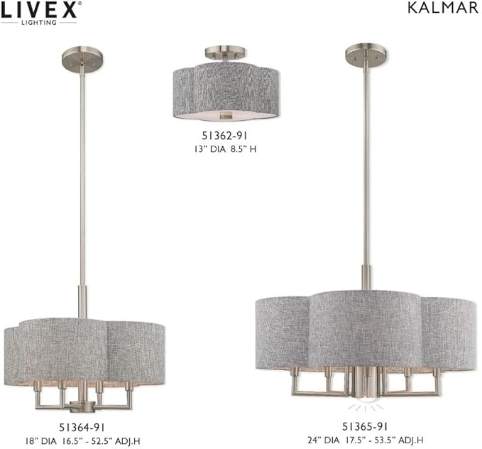Livex Lighting 51365-91 Kalmar - Six Light Chandelier, Brushed Nickel Finish with Gray Fabric Shade
