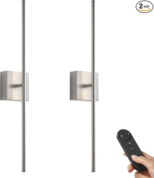 Battery Operated Wall Sconces with Remote Control, Dimmable Wall Sconces Set of Two, 350°Rotate, 3000K LED Nickel Wireless Wall Light for Living Room, Hallway, Bedroom, 32.2 Inch (2 Pack)