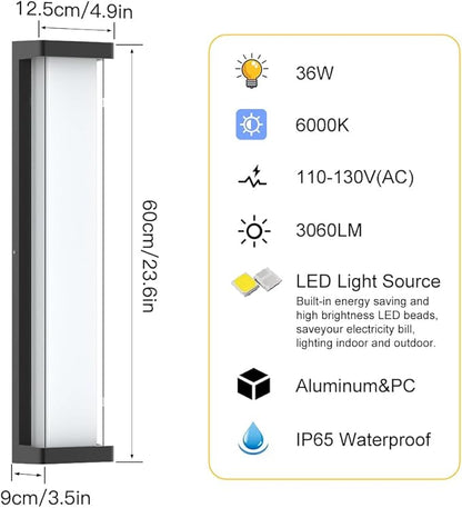 Sytmhoe 23.6in Outdoor Wall Lights 2Packs,10%-100% Dimming LED Modern Patio Wall Light Fixture, Black Exterior Sconce for Garage Courtyard Commercial House(6000K)