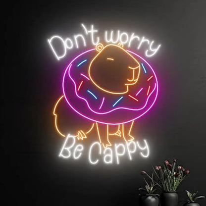Don't Worry Be Cappy Neon Light, Donut Capybara Neon Sign, Capybara Donut Led Light, Donut Capybara Led Sign, Nursery Room Wall Art Decor Size:20 inches