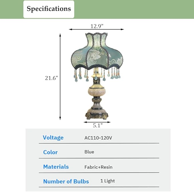 Victorian Style Blue Table Lamp, Flower Decorative Bedside Desk Lamp with Bead Curtain, Resin Base, Elegant Night Light for Bedroom Nightstand