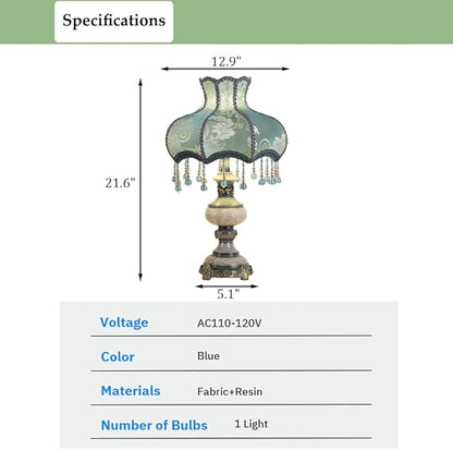 Victorian Style Blue Table Lamp, Flower Decorative Bedside Desk Lamp with Bead Curtain, Resin Base, Elegant Night Light for Bedroom Nightstand