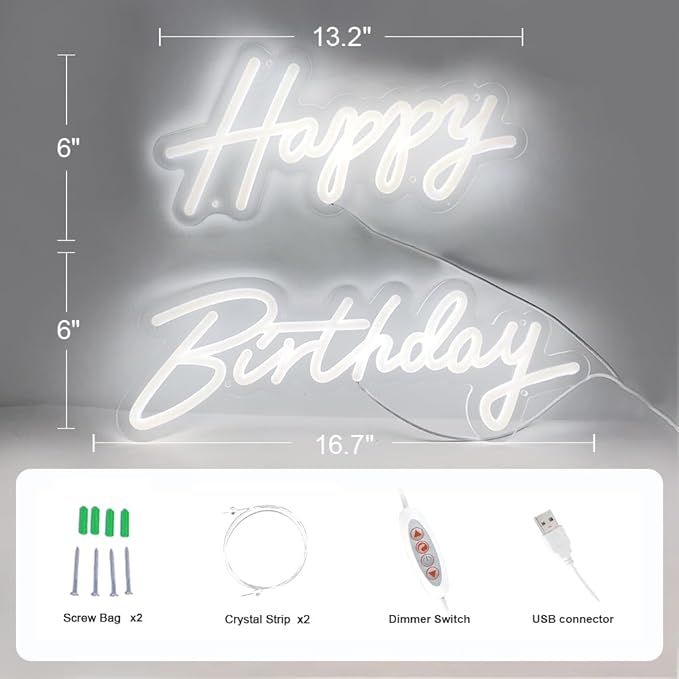 Happy Birthday Neon Sign - 3 Color Modes Happy Birthday Sign 17" - USB Happy Birthday Light Up Sign with Dimmable Switch - Happy Birthday LED Sign for Backdrop, Party, Celebration, Decoration
