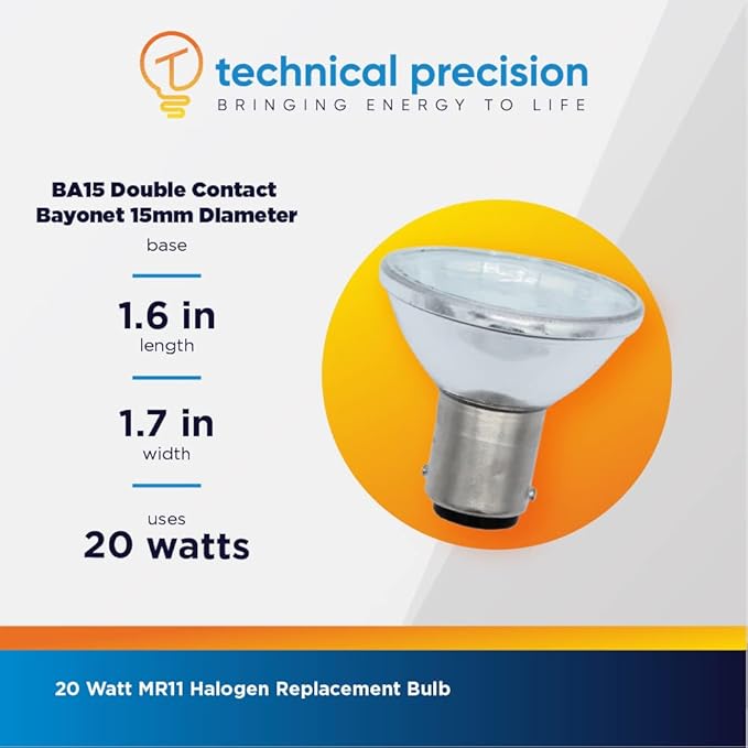 Technical Precision Replacement for Damar Gbf/Frost/ss 20W 12V ALR12 Light Bulb 20 Watts MR11 Halogen Bulb - BA15D Double Contact Bayonet Base - 1 Pack