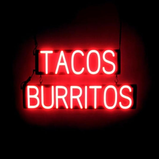 SpellBrite TACOS BURRITOS Sign | Mexican Food-Related Sign with Neon Look, Red LED Light Source | 29.0" x 15.0"