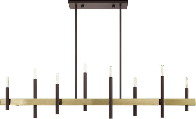 Livex Lighting 49338-07 8 Light Bronze Linear Chandelier, Bronze w/ Antique Brass Accents, 9.25 x 48 x 42