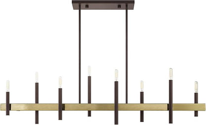 Livex Lighting 49338-07 8 Light Bronze Linear Chandelier, Bronze w/ Antique Brass Accents, 9.25 x 48 x 42