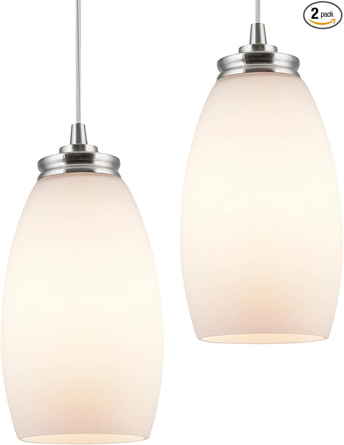 Kira Home Coast 9" Modern Oval Mini Pendant Light + White Frosted Glass Shade, Brushed Nickel Finish, 2-Pack