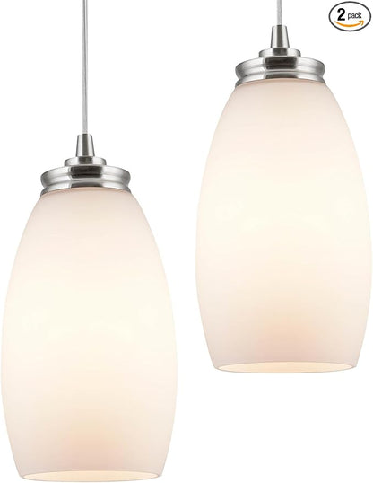 Kira Home Coast 9" Modern Oval Mini Pendant Light + White Frosted Glass Shade, Brushed Nickel Finish, 2-Pack