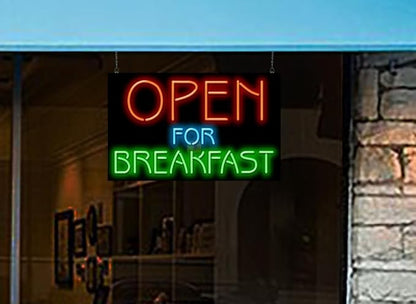 Open for Breakfast Neon Sign - Large Size - 32" wide x 20" high - Real, Quality Hand Bent Neon Sign - Red, Blue & Green Letters