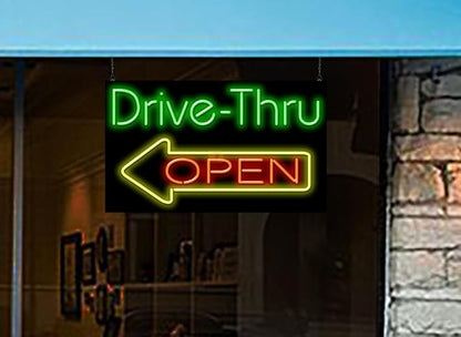 Drive-Thru Open Neon Sign - Very Large Size - 37" wide x 22" high - Real, Quality Hand Bent Neon Sign - Green & Red Letters with a Yellow Left Pointing Arrow Design