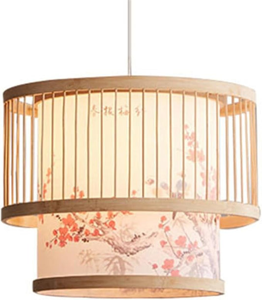 Modern New Chinese Style Patterned Pendant Lamp Fixture Creative Bamboo Suspension Lamp with Wood Canopy Vintage Lantern Hanging Light for Kitchen Dining Room Bedroom E27 Droplight