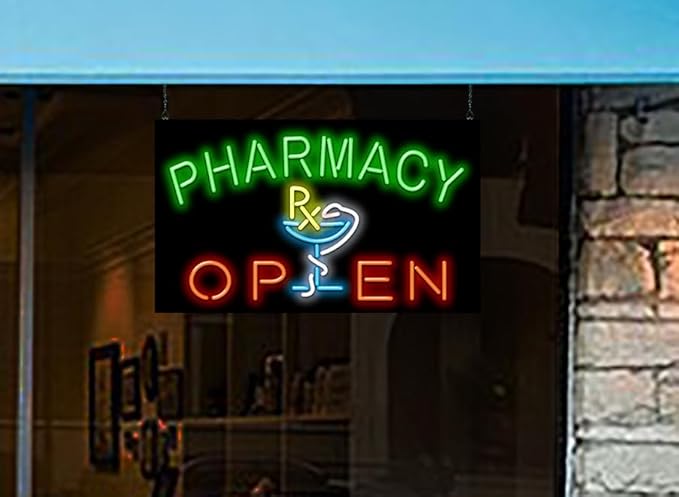 Pharmacy Open Neon Sign - Large Size - 37" wide x 22" high - Real, Quality Hand Bent Neon Sign - Green & Red Letters with Yellow, Blue & White RX Logo Design