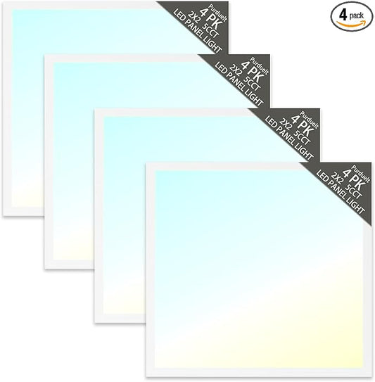 4 Pack 2x2 LED Flat Panel Light Drop Ceiling Office Fixture 5 CCT 3000K-6500K Adjustable & 5 Wattage 15W-20W-30W-40W-50W Selectable, 0-10V Dimmable，led Drop Ceiling Flat Panel troffer Light