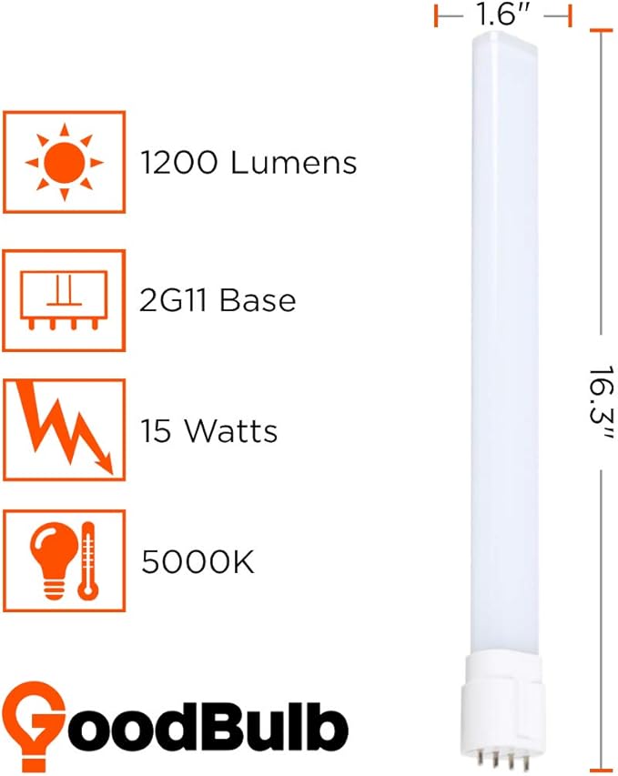 GoodBulb 18 Watt Replacement Omni LED PLL Light Bulbs | Commercial 15 Watt Type B 4 Pin 2G11 Base 5000K Daylight | High Output 1200 Lumens | 120° Beam LED Plug-in Light Bulbs | 10 Pack