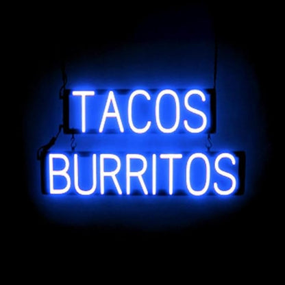 SpellBrite TACOS BURRITOS Sign | Mexican Food-Related Sign with Neon Look, Blue LED Light Source | 29.0" x 15.0"