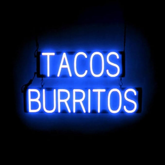 SpellBrite TACOS BURRITOS Sign | Mexican Food-Related Sign with Neon Look, Blue LED Light Source | 29.0" x 15.0"