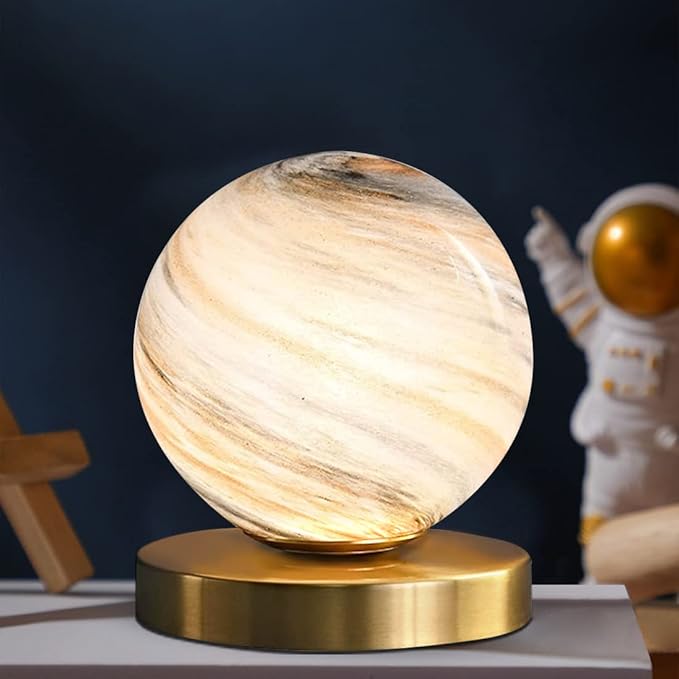 Bedside Table Lamp Gold Desk Lamp Reading Lamp with Handblown Glass Globe Shade, Plug in Table Desk Lamp for Bedroom Office Library Study Room
