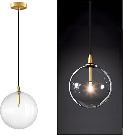 Minimalist Transparent Glass Ball Pendant Light in Gold Finish, Height Adjustable G4 LED Ceiling Haning Light for Dining Room & Living Room (20CM)