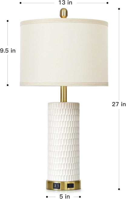 27" White Ceramic Lamps for Living Room, 3-Way Dimmable Touch Ceramic Table Lamp Set of 2 for Bedroom，Rustic Farmhouse Bedside Lamp with USB A+C & Outlets, Elegant Bedroom Lamp for Nightstand