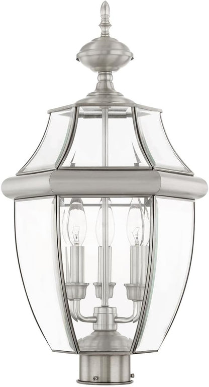 Livex Lighting 2354-91 Monterey 3 Light Outdoor Brushed Nickel Finish Solid Brass Post Head with Clear Beveled Glass