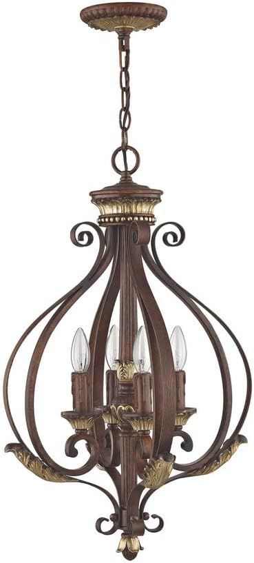 Livex Lighting 8556-63 Villa Verona 4 Light Verona Bronze Finish Foyer Chandelier with Aged Gold Leaf Accents and Rustic Art Glass