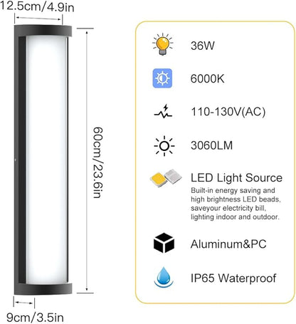 Sytmhoe Outdoor Wall Lights 10%-100% Dimming,2Packs Dimmable LED Modern Patio Wall Light Fixture, 23.6in Black Exterior Sconce Lights Suitable for Garage Courtyard House(6000K)