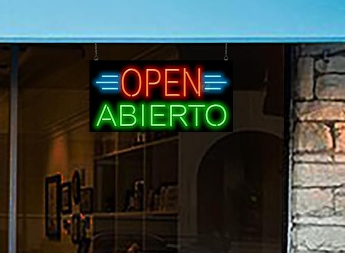 Open Abierto Neon Sign - Large Size - 32" wide x 16" high - Real, Quality Hand Bent Neon Sign - Red & Green Letters with Blue Accent Lines