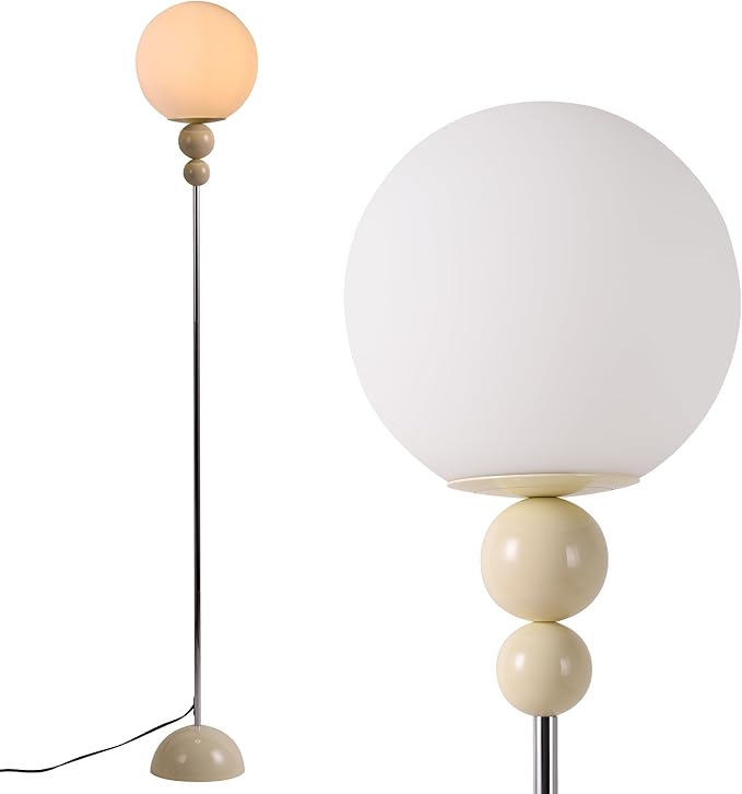Modern Glass Floor Lamp for Bedroom, 63'' Vintage Mid-Century Floor Lamp with Milky White Frosted Glass Globe Shade for Living Room Corner, Slim Standing Reading Lamp for Office Decor (White)