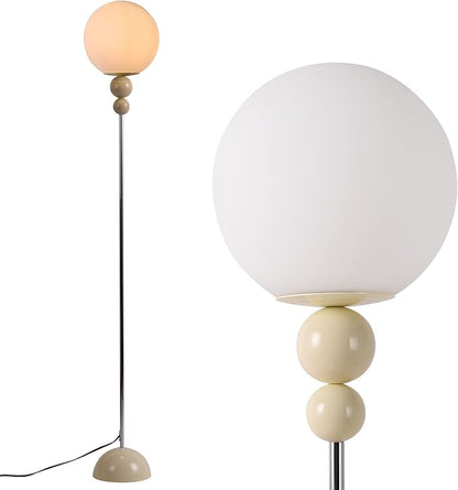 Modern Glass Floor Lamp for Bedroom, 63'' Vintage Mid-Century Floor Lamp with Milky White Frosted Glass Globe Shade for Living Room Corner, Slim Standing Reading Lamp for Office Decor (White)