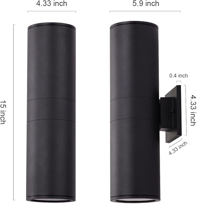 Cerdeco 15" Black Modern Outdoor Wall Light 2 Pack,Cylinder Up Down Aluminum Exterior Wall Sconce for House Porch Garage Patio Doorway Entryway,ETL Listed