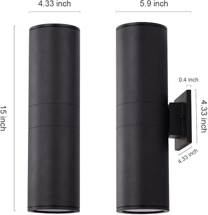 Cerdeco 15" Black Modern Outdoor Wall Light 2 Pack,Cylinder Up Down Aluminum Exterior Wall Sconce for House Porch Garage Patio Doorway Entryway,ETL Listed