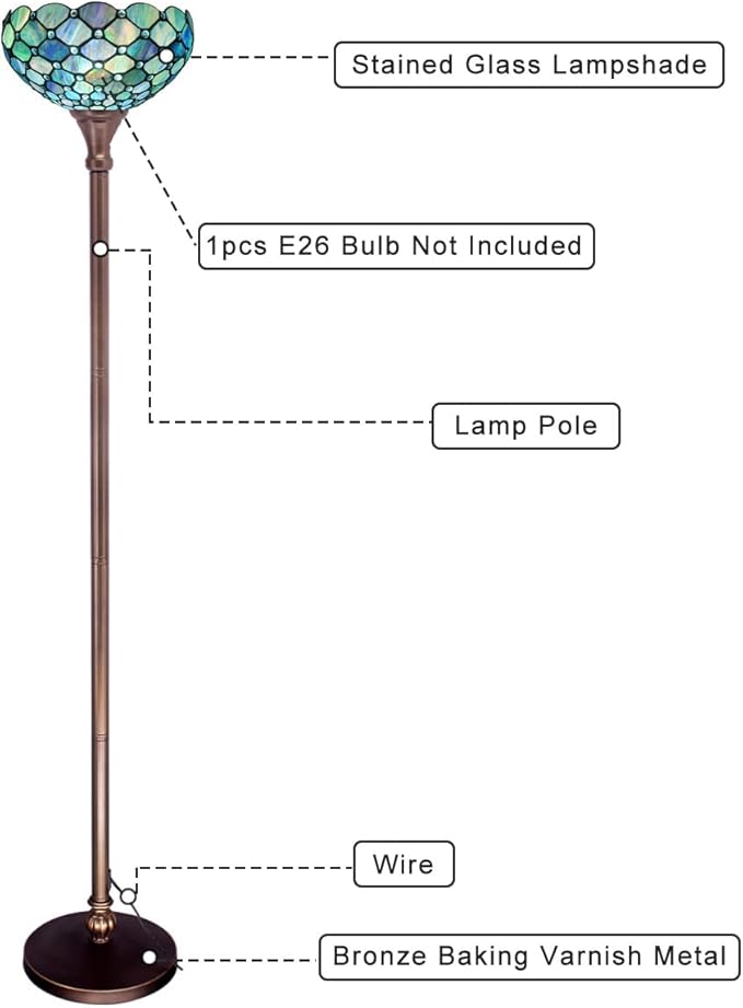 Tiffany Floor Lamp Torchiere Stained Glass Torch Lamp 12X12X67 Inch Antique Standing Corner Light (Sea Blue Pearl)