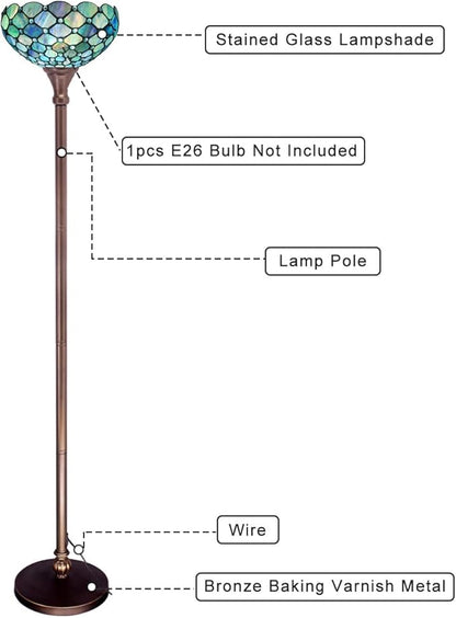 Tiffany Floor Lamp Torchiere Stained Glass Torch Lamp 12X12X67 Inch Antique Standing Corner Light (Sea Blue Pearl)