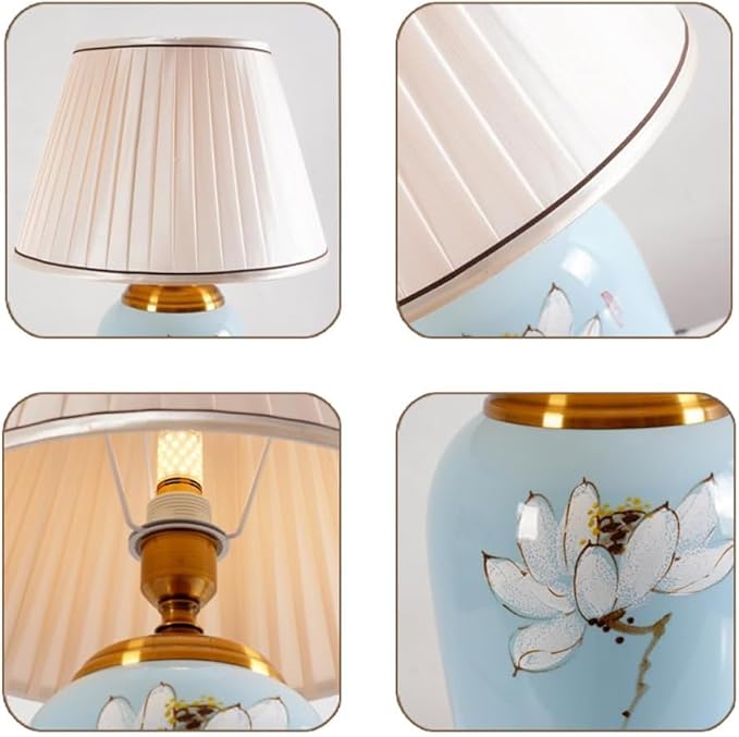 Blue Ceramic Table Lamp with White Fabric Lamp Shade Vintage Lamps with Flower and Bird Patterns，Traditional Home Decor Ceramic Table Lamp for Living Room Bedroom Nightstand Home Office
