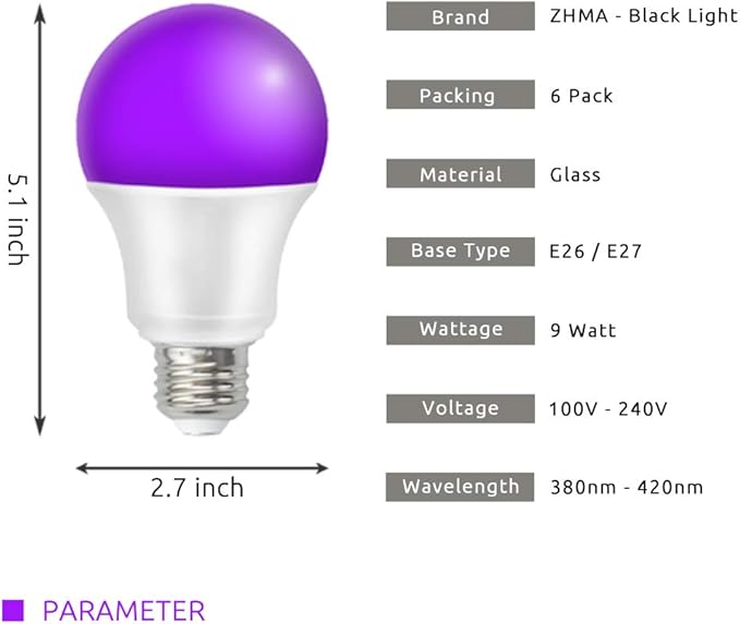 UV LED Black Light Bulbs, 9W E26 LED Blacklight Bulb, Black Lights for Glow Party, Bedroom, Black Light Fluorescent Poster, Body Paint (6 Pack)