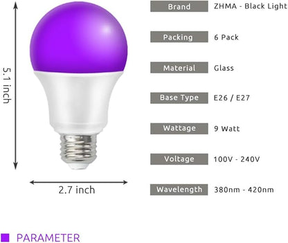 UV LED Black Light Bulbs, 9W E26 LED Blacklight Bulb, Black Lights for Glow Party, Bedroom, Black Light Fluorescent Poster, Body Paint (6 Pack)
