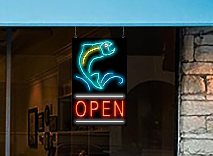 Open w/Fish Neon Sign Large