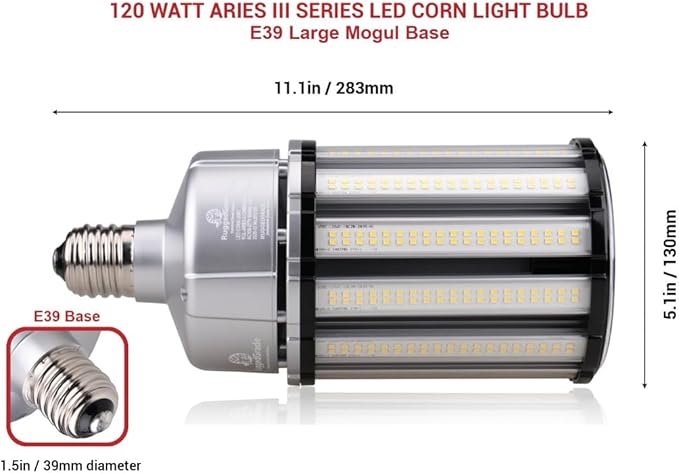 RuggedGrade Aries III CS 120W LED Corn Bulb | 16,400 Lumens | 3000K/4000K/5000K Color Selectable | E39 Standard Base | Built-in 4KV Surge Protection | DLC 5.1 Premium