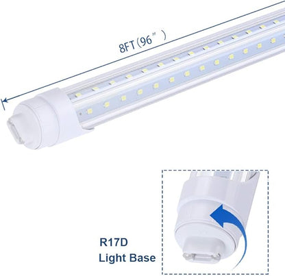 R17d Rotatable HO base V shaped 65W 8 Foot Led Lulbs Double Row,Need Bypass Ballast,Replace 150W Fluorescent Shop Lights Dual-Ended Power, Cold White 6000K,clear Cover, AC 90-277V Pack of 12