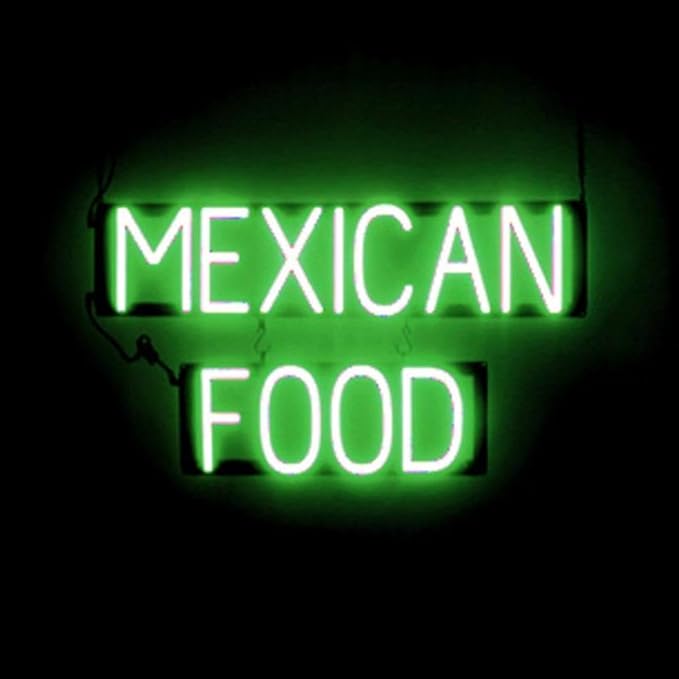 SpellBrite MEXICAN FOOD Sign | Mexican Food-Related Sign with Neon Look, Green LED Light Source | 26.9" x 15.0"