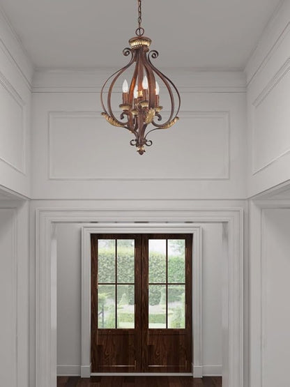 Livex Lighting 8556-63 Villa Verona 4 Light Verona Bronze Finish Foyer Chandelier with Aged Gold Leaf Accents and Rustic Art Glass