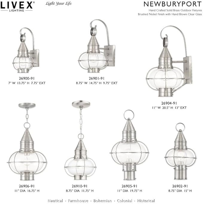 Livex Lighting 26905-91 Transitional One Light Outdoor Post-Top Lanterm from Newburyport Collection in Pwt, Nckl, B/S, Slvr. Finish, Brushed Nickel