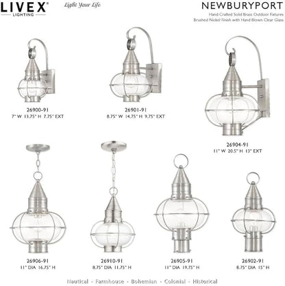 Livex Lighting 26905-91 Transitional One Light Outdoor Post-Top Lanterm from Newburyport Collection in Pwt, Nckl, B/S, Slvr. Finish, Brushed Nickel