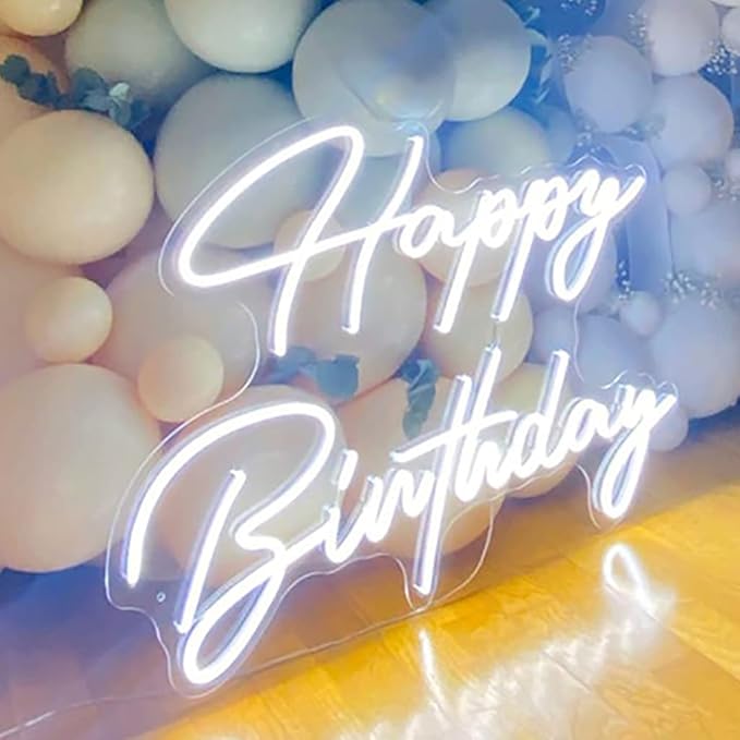 Large Happy Birthday LED Neon Sign, 28 inches Personalized Neon Light Sign for Birthday Party Wall Decoration Bar Rave Home Decor Christmas Light Present(White)