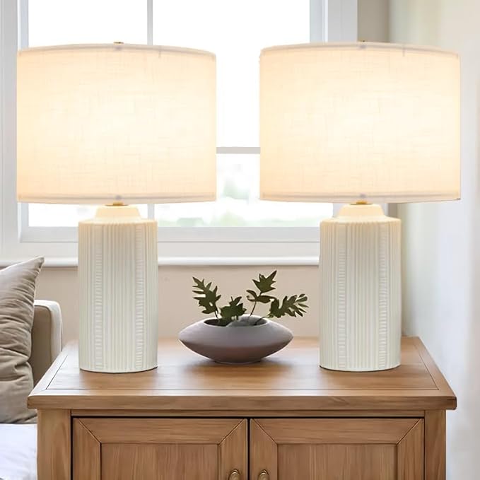 23" Ceramic Table Lamps Set of Two, White Ceramic Desk Lamps for Living Room, Farmhouse Bedside Lamps for Bedroom Decor, Beige Nightstand End Table Lamps