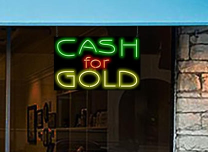 Cash for Gold Neon Sign - Large Size - 32" Wide x 20" high - Real, Quality Hand Bent Neon Sign - Green, Red & Yellow Neon Letters