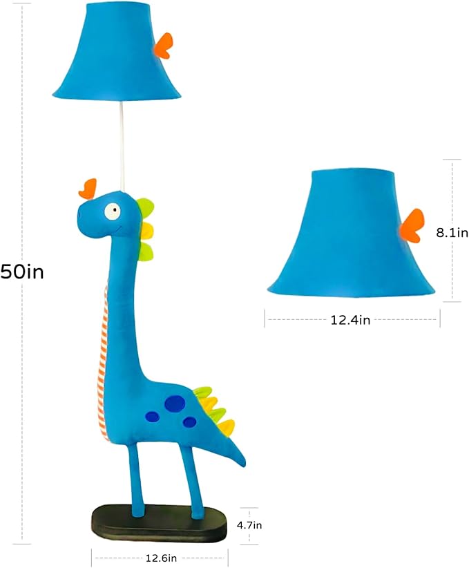 Kids Floor Lamp, Blue Dinosaur Design 50 Inch Modern Floor Lamp for Bedroom, Hand-Stitched Toy Standing Lamp for Living Room, Package Come with an E26 LED Bulb